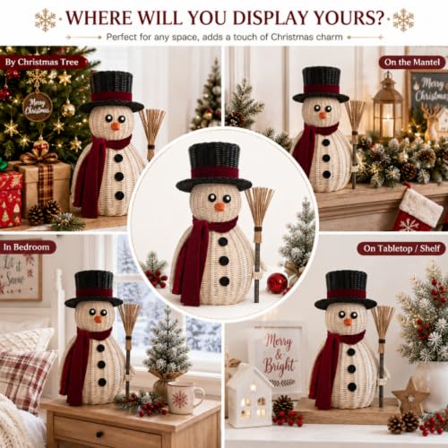 Leinuosen 12 Inch Rattan Snowman Woven Neutral Christmas Table Decor