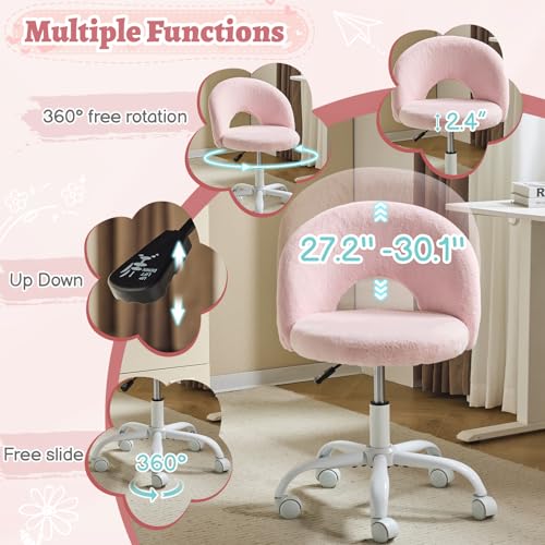 Adjustable Faux Fur Vanity Chair, Swivel Rolling Desk Chair for Makeup