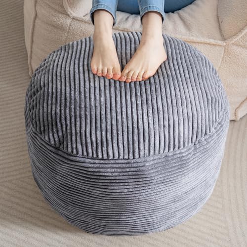 Round Plush Storage Pouf Ottoman - 20x15 Inch Floor Footrest, Dark Grey