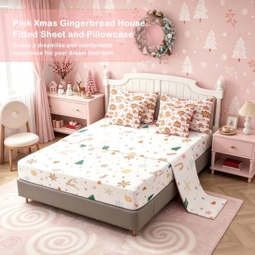 Feelyou Pink Gingerbread Man Comforter Set with Sheets 7-Piece Full kids bedding beige/pink