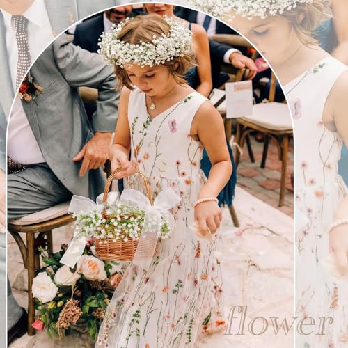 Rustic Wicker Flower Girl Basket with Artificial Baby Breath & Bow