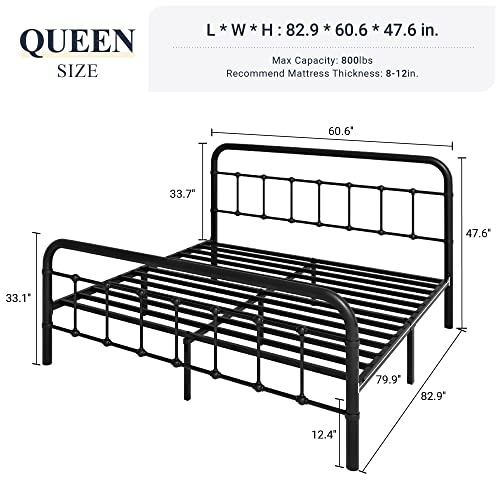 Queen Metal Bed Frame, Vintage Victorian Iron Platform Bed with Headboard