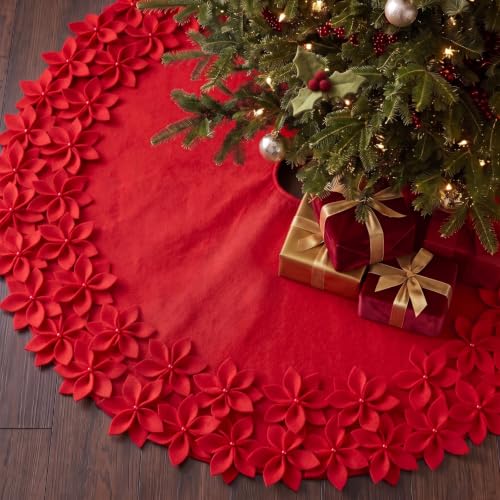 48 Inch Red Handmade Felt Christmas Tree Skirt with Poinsettia Ball Edge