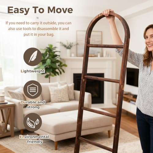 5.5ft Arched Wooden Blanket Ladder, 5-Tier Leaning Storage Shelf