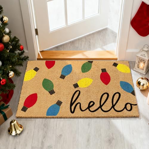 Christmas Coir Doormat with Colorful Xmas Light Bulbs - Indoor Outdoor Entrance Rug, 16.5 x 29 inches