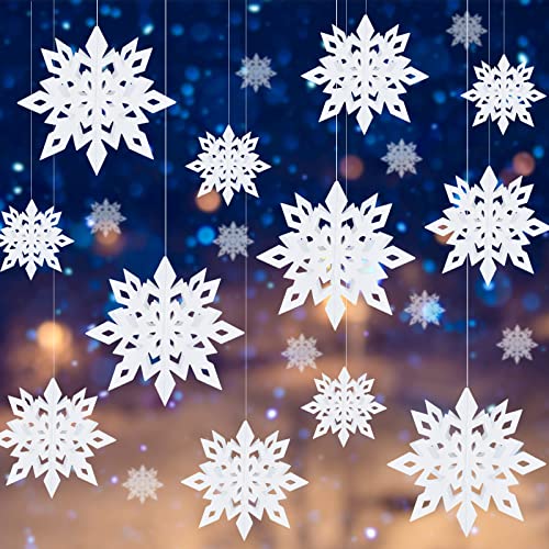 MIAHART White 12-Pack 3D Snowflake Hanging Garlands - Large Pearl Paper Winter Decor (Variation: White)