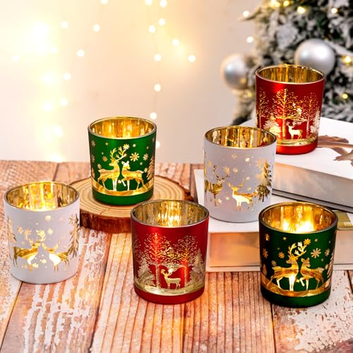 MJ PREMIER Christmas Matte Glass Votive Candle Holders Set of 6 - Holiday Table Decor