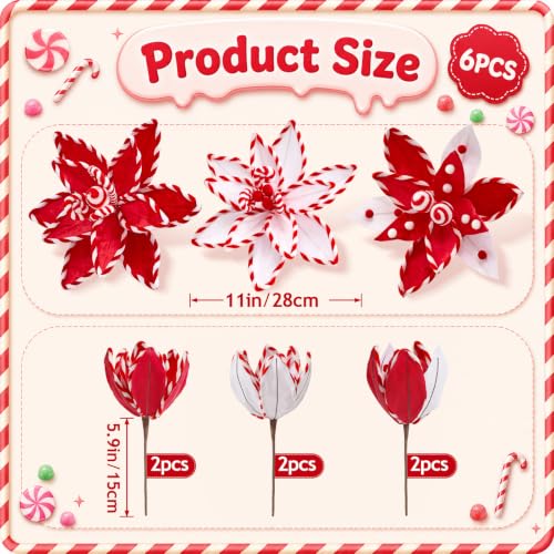 Alecono Red Candy Cane Poinsettia Picks 6 Pack - Artificial Christmas Flowers