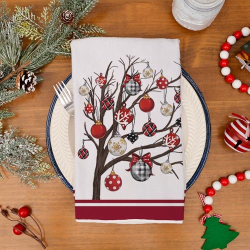 DineDia Dark Red Merry Christmas Kitchen Towels Set of 2 – 18x26, Snowflake Bells