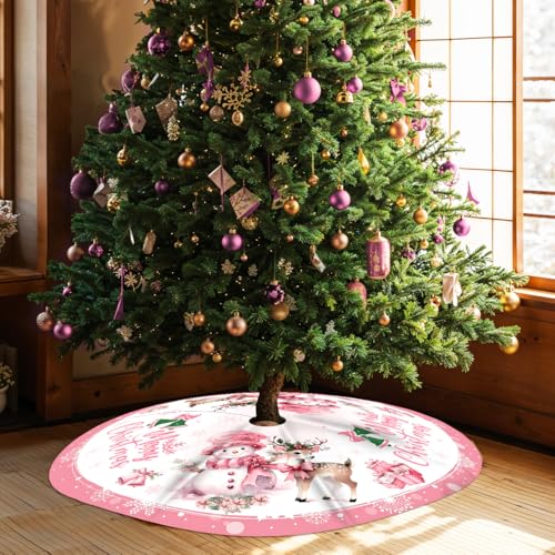 48 Inch Pink Christmas Tree Skirt with Snowman Design - Holiday Decor