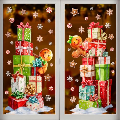 Pawliss 2-Pack Extra Large Window Clings Gift Boxes Gingerbread Man Snowflakes