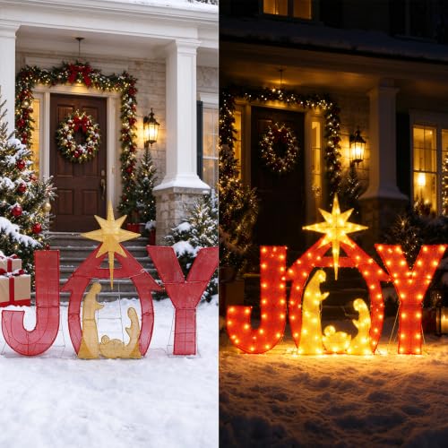 DULEFUN 6Ft x 4Ft Outdoor Christmas Nativity Yard Sign with Joy and Lighted Decor - Style C