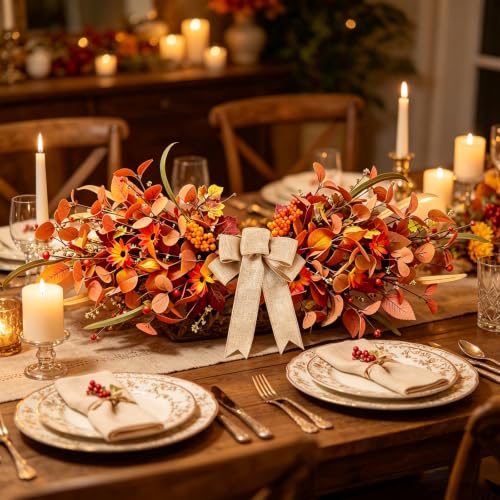 24-Inch Fall Teardrop Swag with Burlap Bow Artificial Autumn Floral Decor