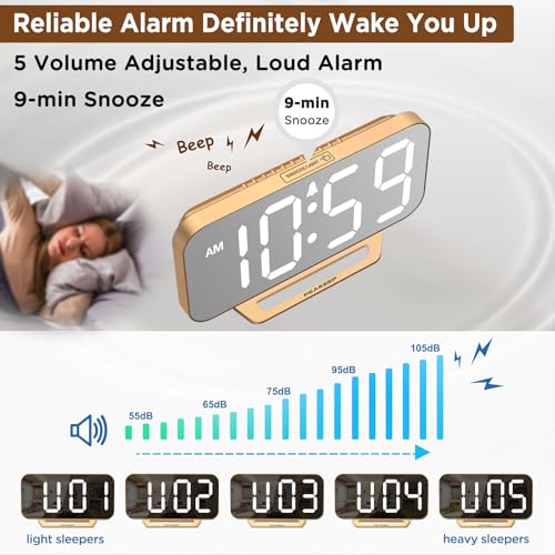 Digital Mirror LED Alarm Clock with 6 Dimmers & Battery Backup - Gold