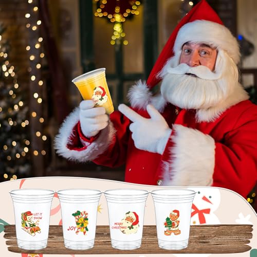 Mimorou 100 Pcs Christmas Plastic Cups 12oz Retro Xmas Party Disposable