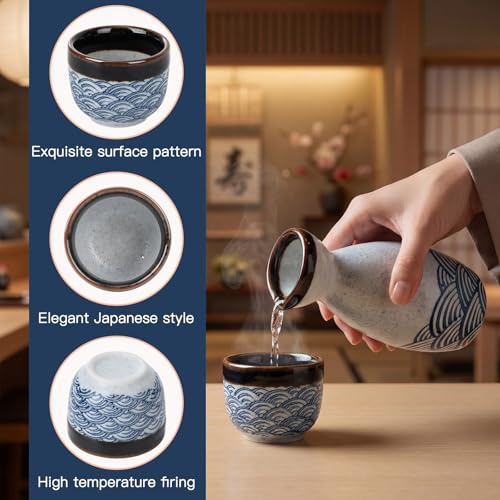Japanese Porcelain Sake Set with 1 Bottle, 6 Cups & 6 Chopsticks - Blue Wave Pattern