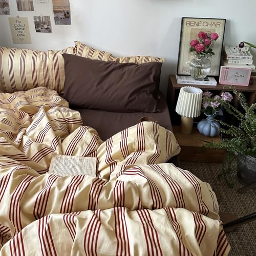 Retro Striped Cotton Duvet Cover Set Queen - 3-Piece Vintage Red Bedding