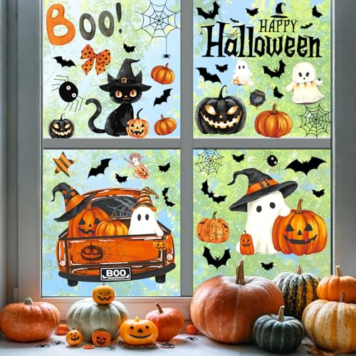 Halloween Window Clings - 8 Sheets of Ghost & Pumpkin Decor