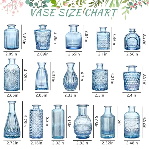 Blue Glass Bud Vases Set of 16 - Vintage Mini Flower Vases for Centerpieces