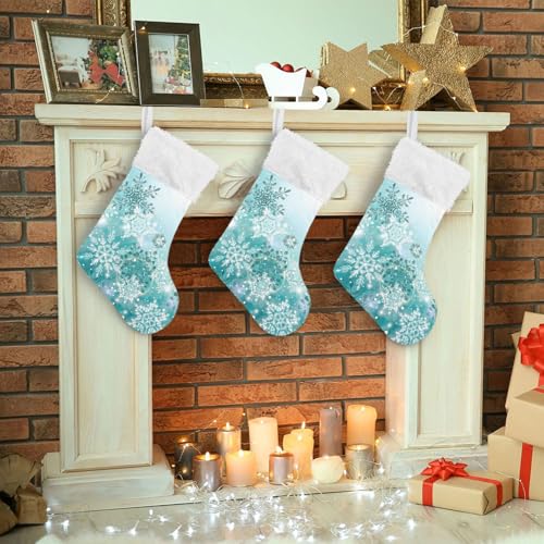 ALAZA Personalized Silver Teal Christmas Stocking 17.7" with Snowflakes - Family Holiday Decor