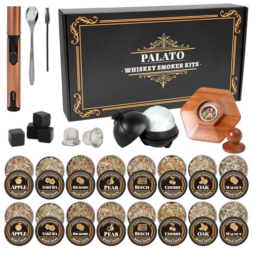 PALATO 27Pcs Whiskey Smoker Kit with Torch & 16 Wood Chips - Old Fashioned & Cocktail Infuser, Birthday Gift for Men & Dad (No Butane)