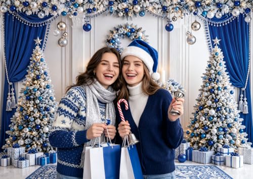 7x5FT Blue Silver Christmas Backdrop with Fireplace Scene - CUMIA