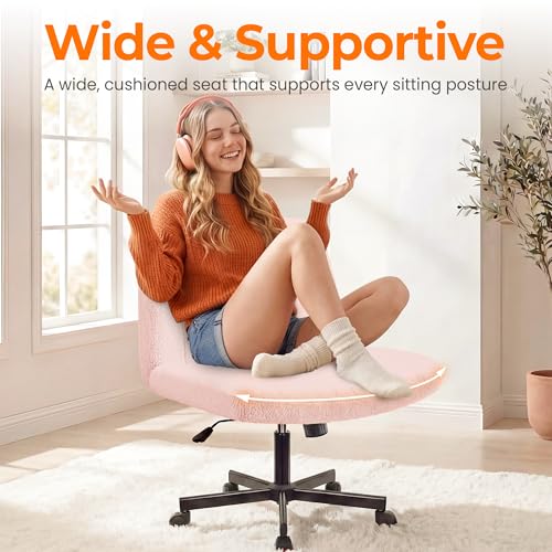 Criss Cross Desk Chair with Wheels - Wide Armless Teddy Pink Swivel Chair