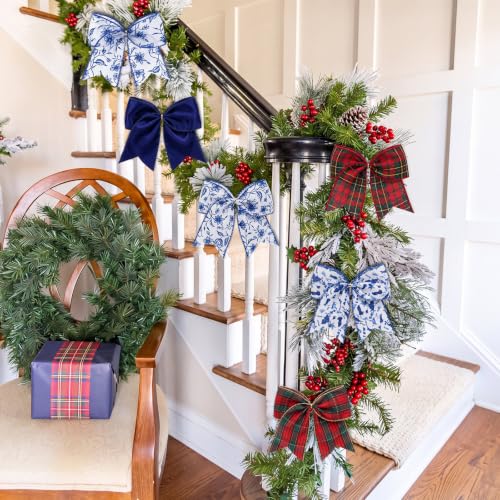 12-Piece Blue & White Plaid Christmas Bow Set with Chinoiserie Accents