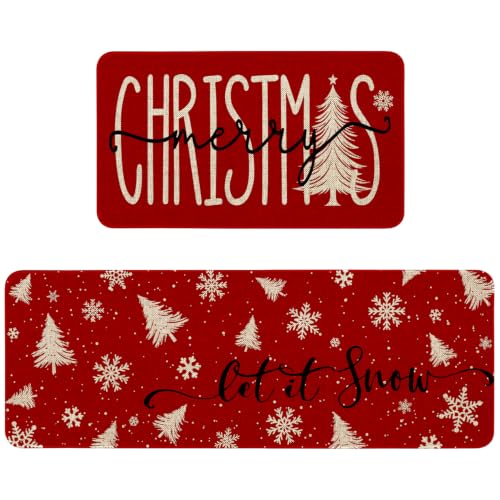 Christmas Kitchen Mats Set of 2 with Tree & Snowflake on Red—Non-Slip, 17x30 & 17x47 in