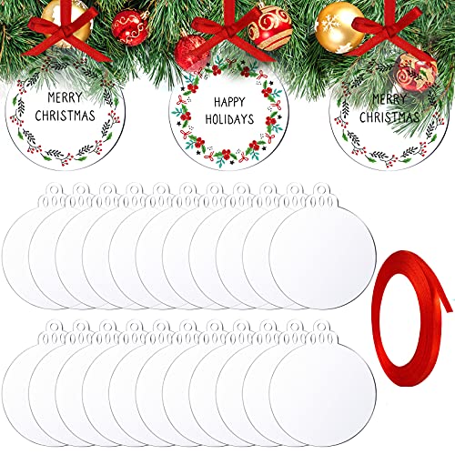 Jetec 25 Pcs Clear Acrylic Christmas Ornaments 4 Inch, Flat Disc Blanks with Red Ribbon for DIY Crafts