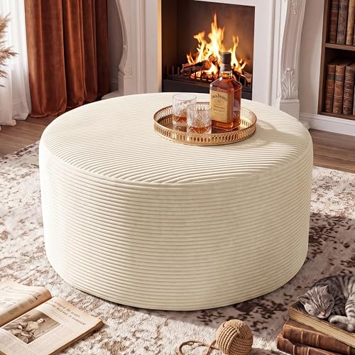 Round Corduroy Ottoman Footstool - 27.5-Inch Modern Padded Side Table