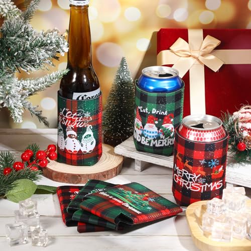 Tioncy 60 Pcs Christmas Beer Can Sleeves Insulated Plaid Style - 12 oz