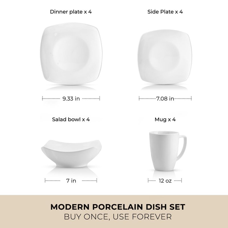 Zulay Kitchen Luna Plates and Bowls Sets, 12 Piece Modern Porcelain Dish Set for 4, Chip and Scratch Resistant Square Dinnerware Set, Microwave and Dishwasher Safe, Pearl White