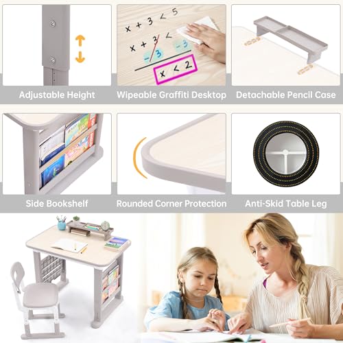 Height Adjustable Kids Study Desk and Chair Set with Storage - Grey