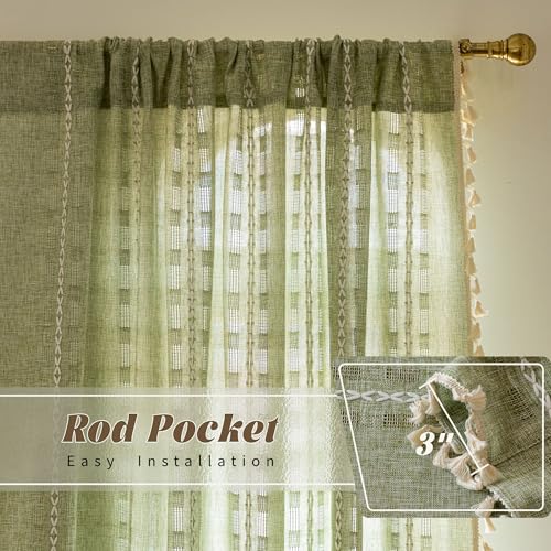 BCLBUSTE Sage Green 52x84in Boho Linen Curtain Panels (2) – Semi-Sheer Light Filtering