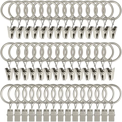 Matte Silver Curtain Rings with Clips (44 Pack) - 1-Inch ID Drapery Rings