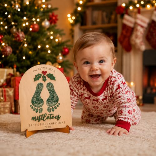 Kingduhu The Cutest Little Mistletoes Baby's First Christmas 2025 Footprint Board - Xmas FootPrint (Personalized Nursery Photo Prop, Wooden Keepsake)