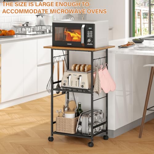 3-Tier Rolling Kitchen Microwave Cart with Adjustable Shelf & Hooks