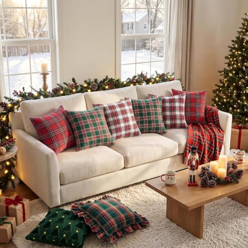 Softalker Christmas Plaid Throw Pillow Covers Set of 4, 18x18 Inch, Green