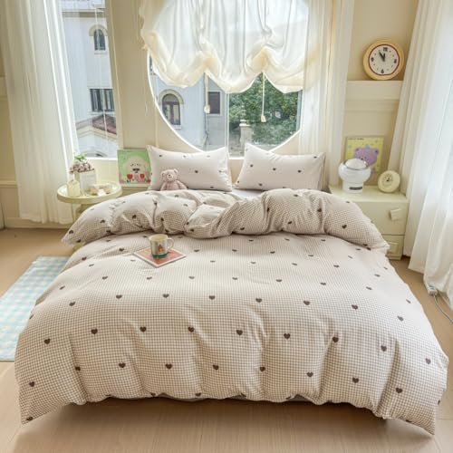 Heart Print Duvet Cover Set, 100% Cotton Full/Queen Bedding with Pillow Shams
