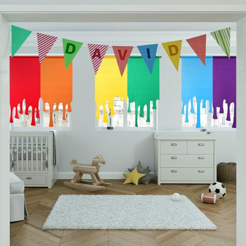 Rainbow Paint Drip Curtains, 7-Piece Colorful Classroom Window Drapes