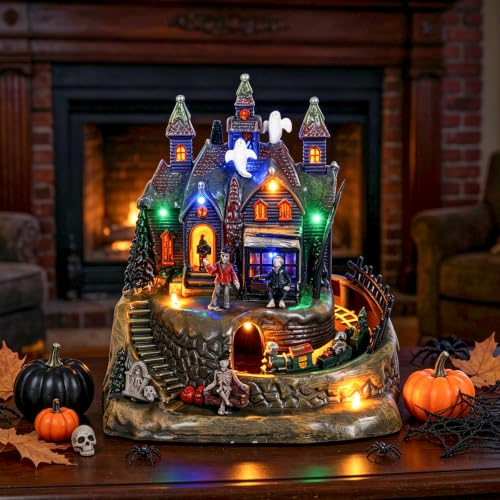 Animated Halloween Village Haunted House with Moving Train and LED Lights