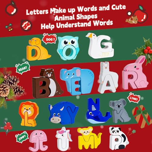 Yxwomenxy Advent Calendar 2026 Animal Alphabet Matching Toy for Kids - Wooden Educational Puzzle, Preschool Learning, Christmas Gift, Variation A