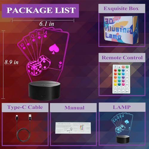 3D Poker Night Light with 16 Colors, Dimmable LED Desk Lamp for Man Cave