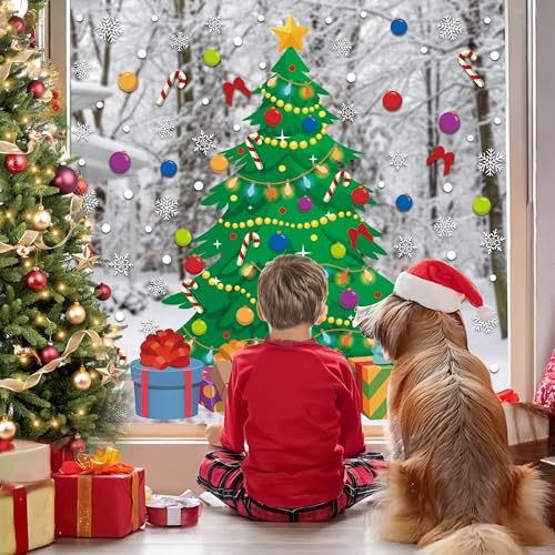 Augisteen Reusable 2-Piece Christmas Tree & Snowflake Window Clings - Large Holiday Decals for Glass & Home Decor