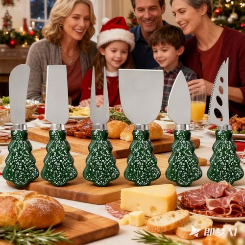 Guojanfon 6-Piece Christmas Tree Cheese Knife Set with Snowflake Handles - Holiday Charcuterie Accessories