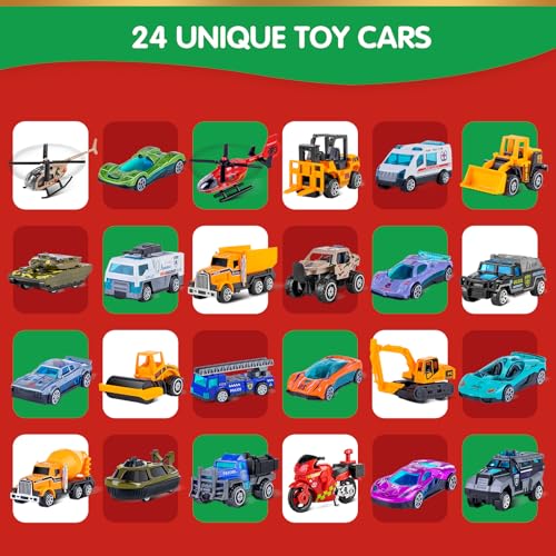 Kids Christmas Advent Calendar with 24 Die-Cast Alloy Toy Cars & Play Map