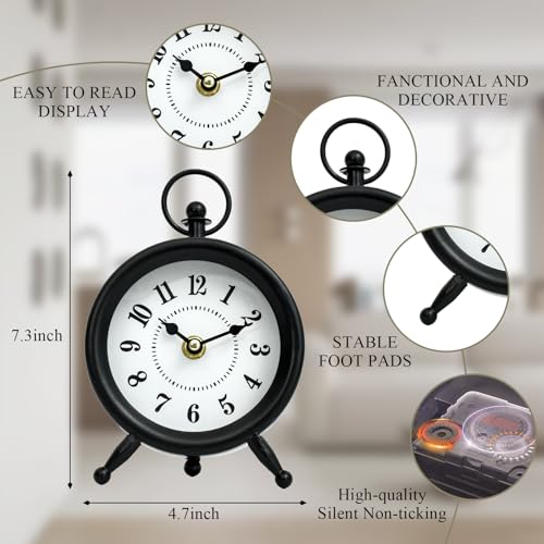 Retro Silent Tabletop Desk Clock, 7-Inch Small Black Decorative Shelf Clock