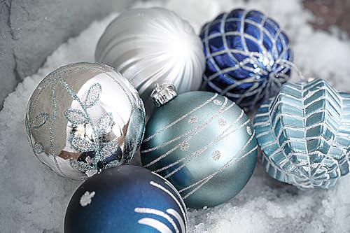 Valery Madelyn Large Winter Silver Blue Christmas Tree Ornaments 16pcs 3.15 Inch
