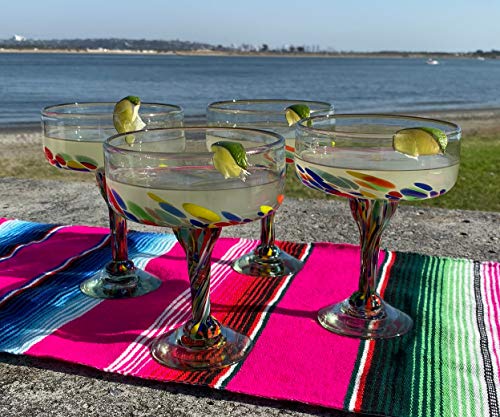 Mexican Hand Blown Margarita Glass Set of 4 - Confetti Carmen 16 oz - Handmade Eco-Friendly Glassware